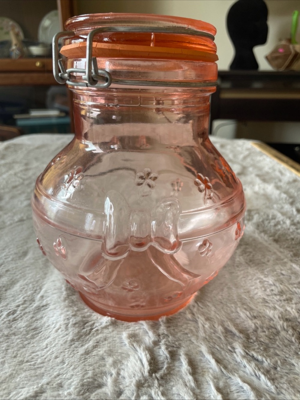 Vintage Italian Pink Glass Hinged Jar with Floral Embossing